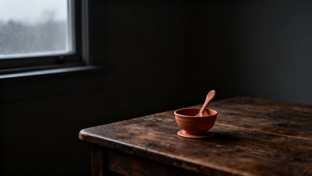 Taça e colher cor-de-rosa para bebé sobre mesa de madeira escura com luz suave