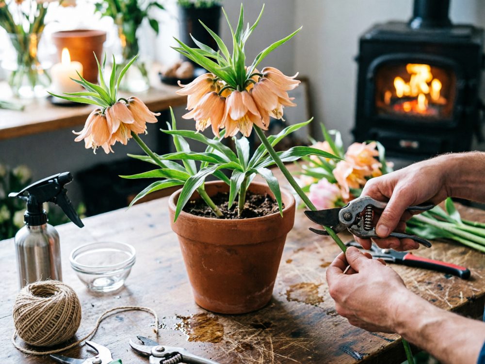 Mãos podando planta florida com flores cor de pêssego em vaso de barro sobre mesa com ferramentas e lareira ao fundo