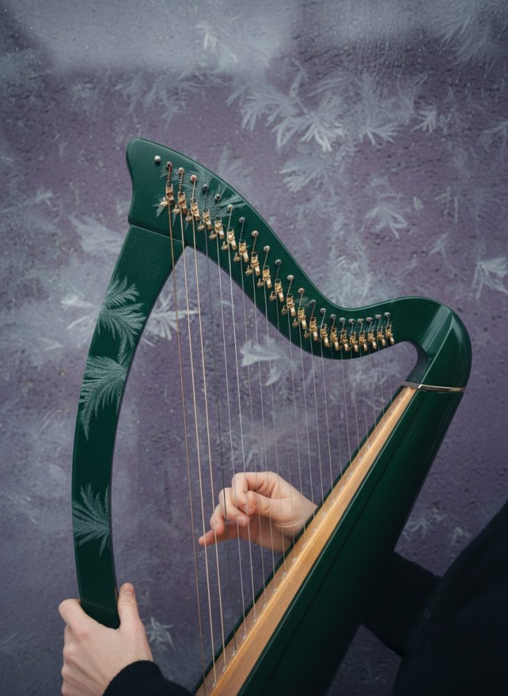 Mãos tocam uma harpa verde com padrão de folhas em fundo lilás texturado