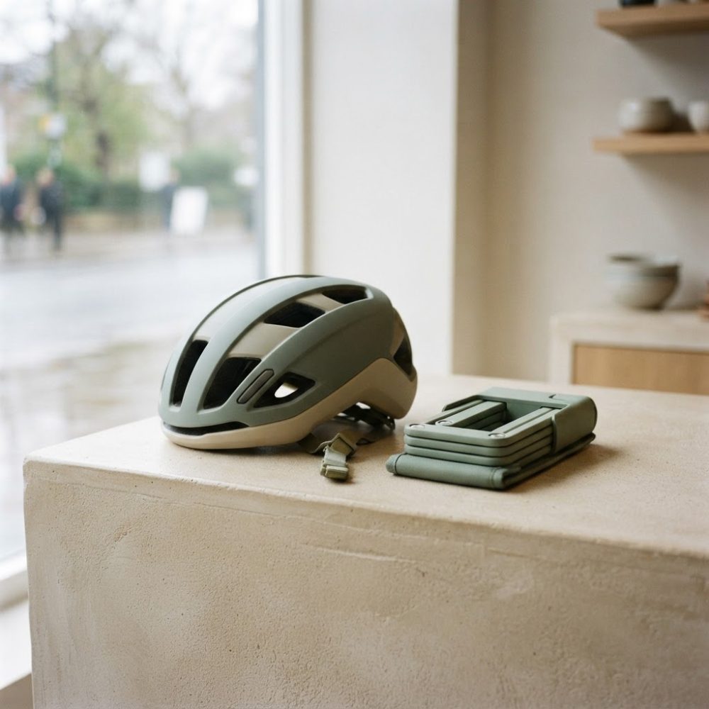 Capacete ciclístico verde com cadeado dobrável na mesma cor sobre bancada clara interior