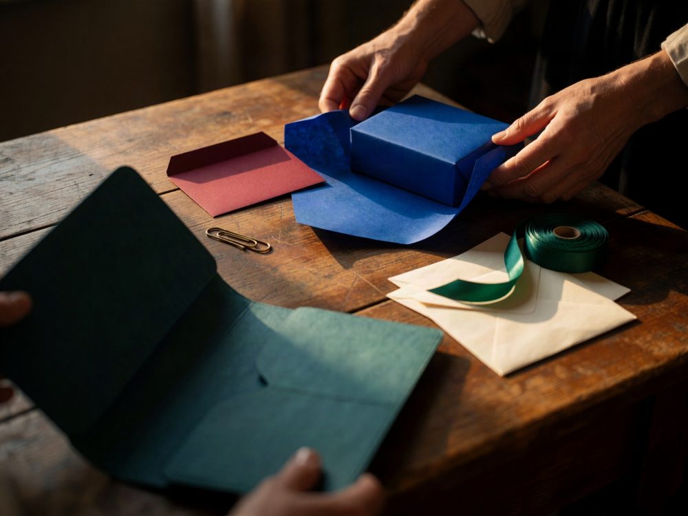 Mãos a embrulhar caixa azul com papel de embrulho azul, envelopes e fita verde sobre mesa de madeira