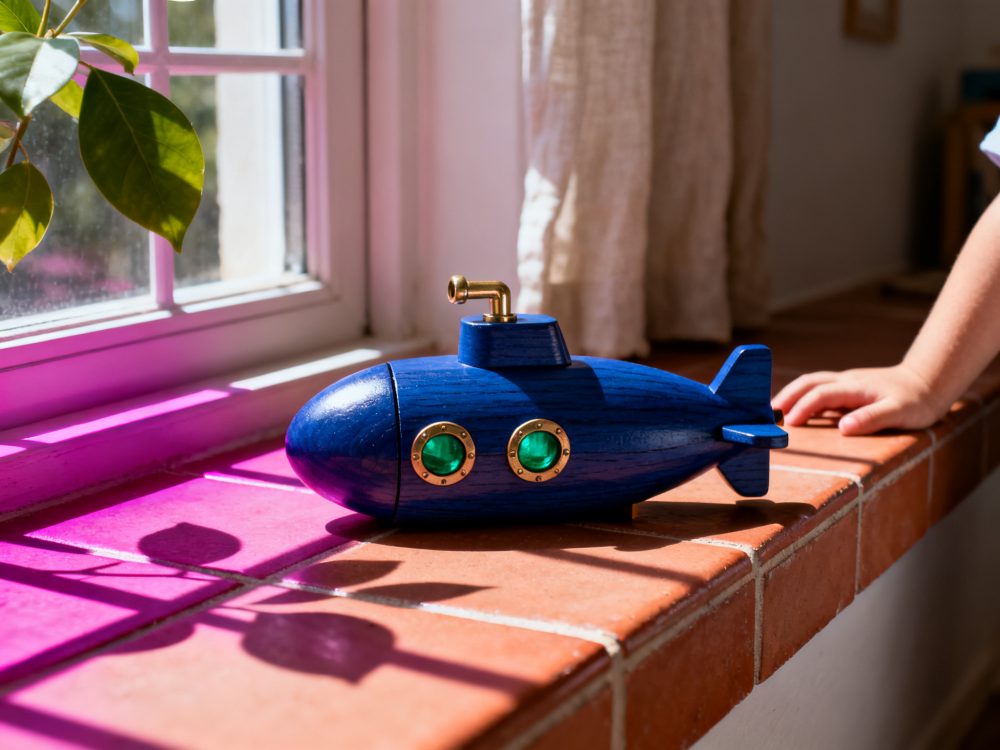 Brinquedo submarino de madeira azul com detalhes em dourado e verde numa janela