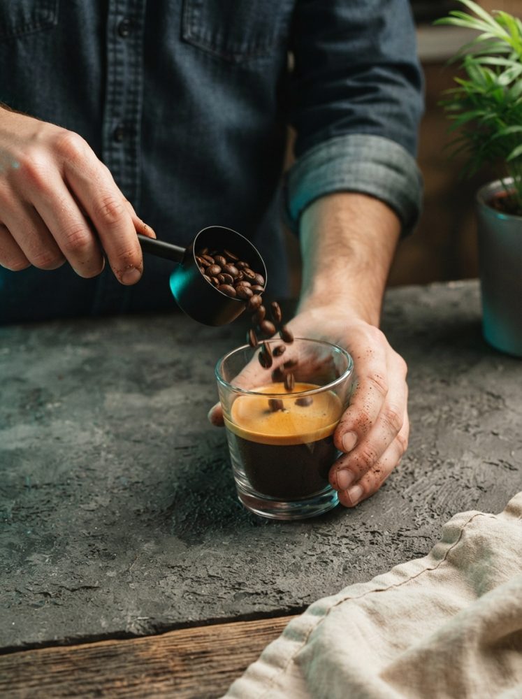 Mãos a despejar grãos de café em copo com café expresso sobre superfície rústica