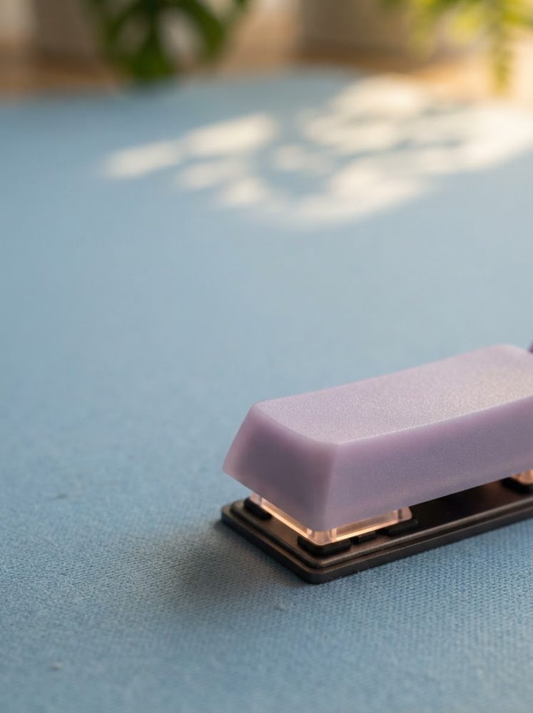 Tecla mecânica roxa para teclado posta sobre superfície azul clara