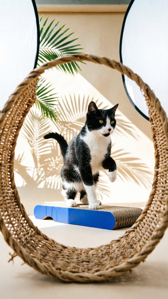 Gato preto e branco sobre arranhador azul enquadrado por cesto de fibra natural com sombra de folhas