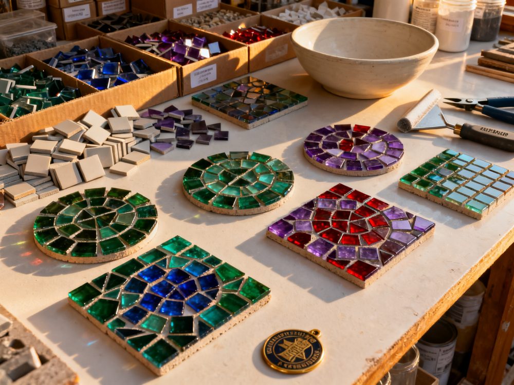 Mosaicos artesanais coloridos e ferramentas sobre bancada branca iluminada por luz natural
