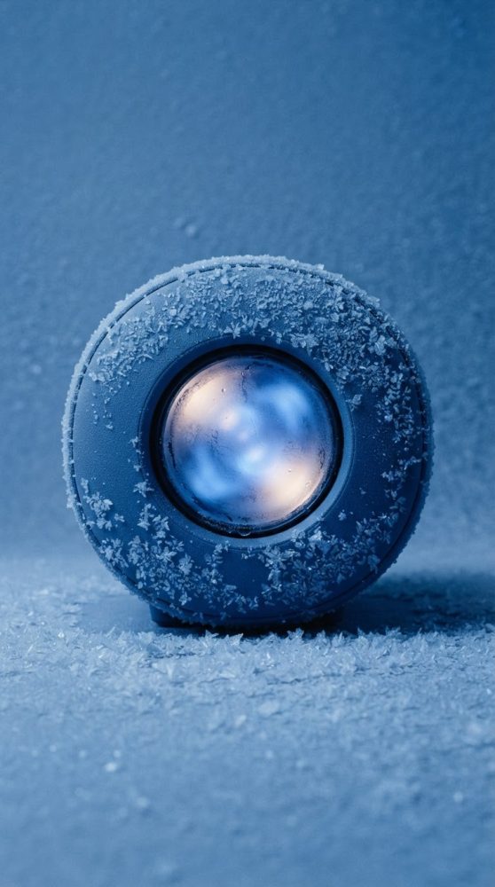 Lente tecnológica coberta por gelo num fundo azul
