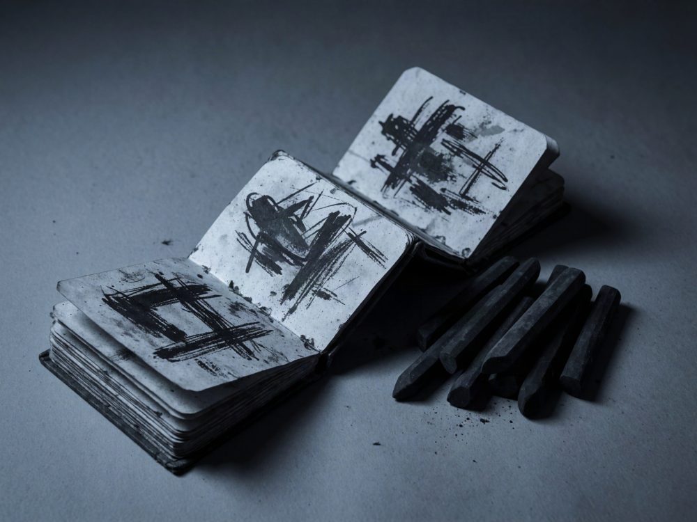 Cadernos com desenhos a carvão e vários batons de carvão sobre superfície cinzenta