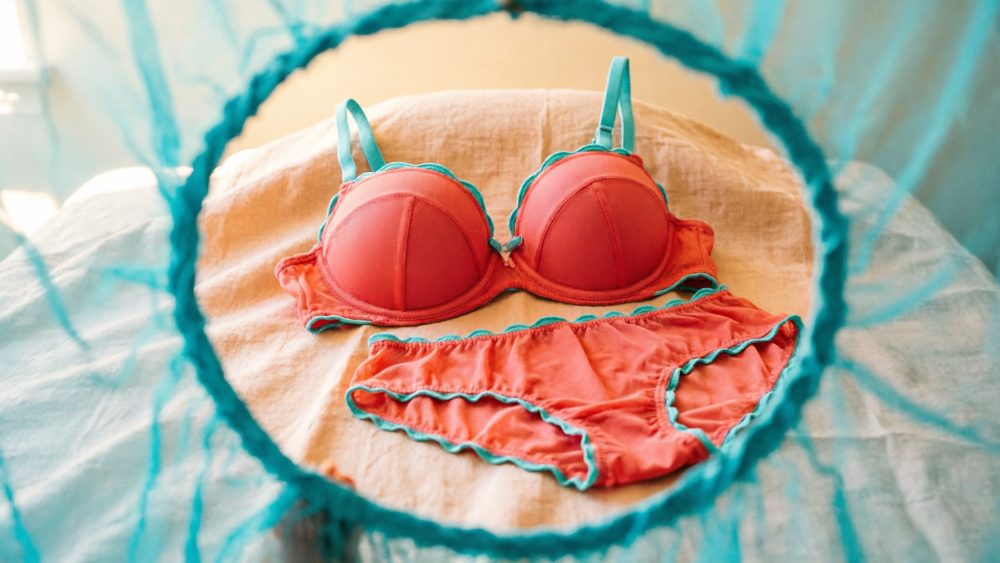 Conjunto de lingerie coral com acabamento azul em fundo bege vista através de moldura circular azul