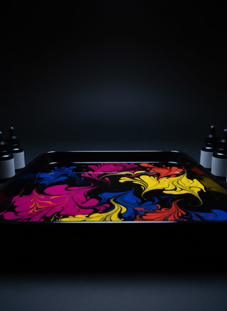 Bandeja preta com arte fluida colorida em rosa, azul, amarelo e laranja com tinteiros ao fundo
