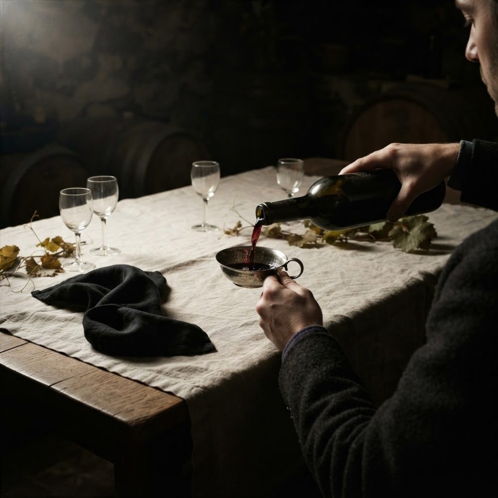 Mão a servir vinho tinto num copo metálico com quatro copos de cristal numa mesa com toalha branco-bege