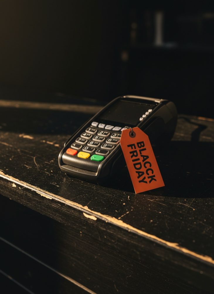 Máquina de pagamento com etiqueta vermelha Black Friday sobre mesa escura e desgastada