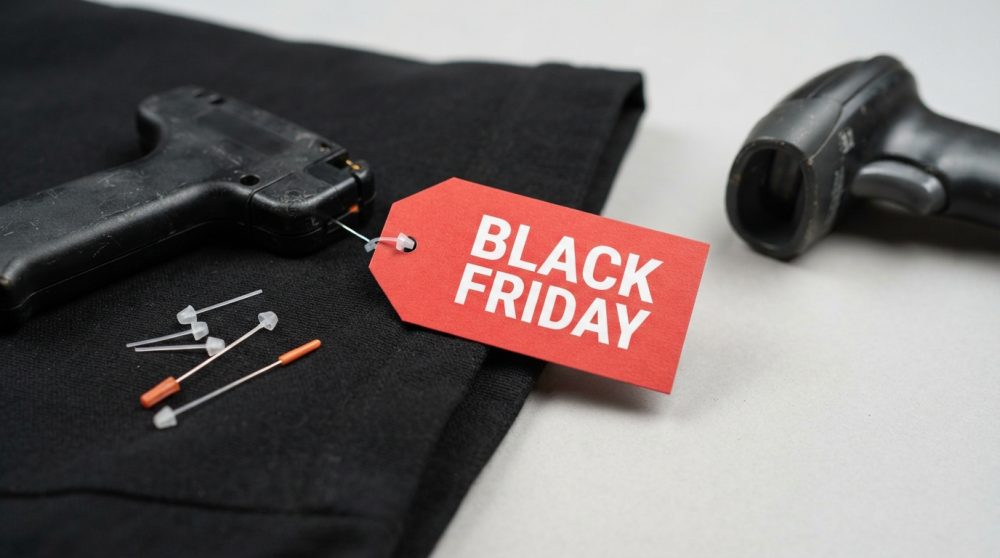Etiqueta vermelha Black Friday sobre tecido preto com pistola etiquetadora e agulhas