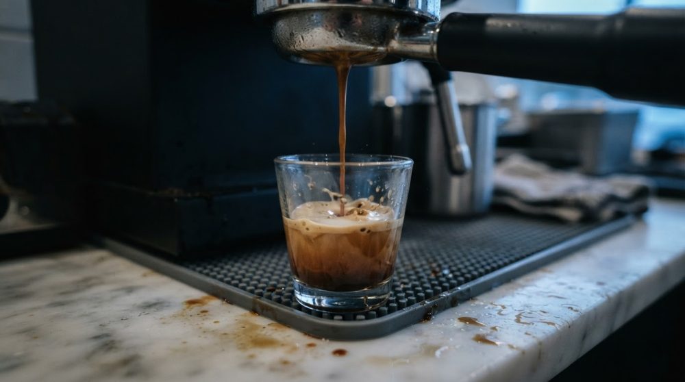 Café expresso a ser preparado numa máquina profissional num copo sobre bancada de mármore