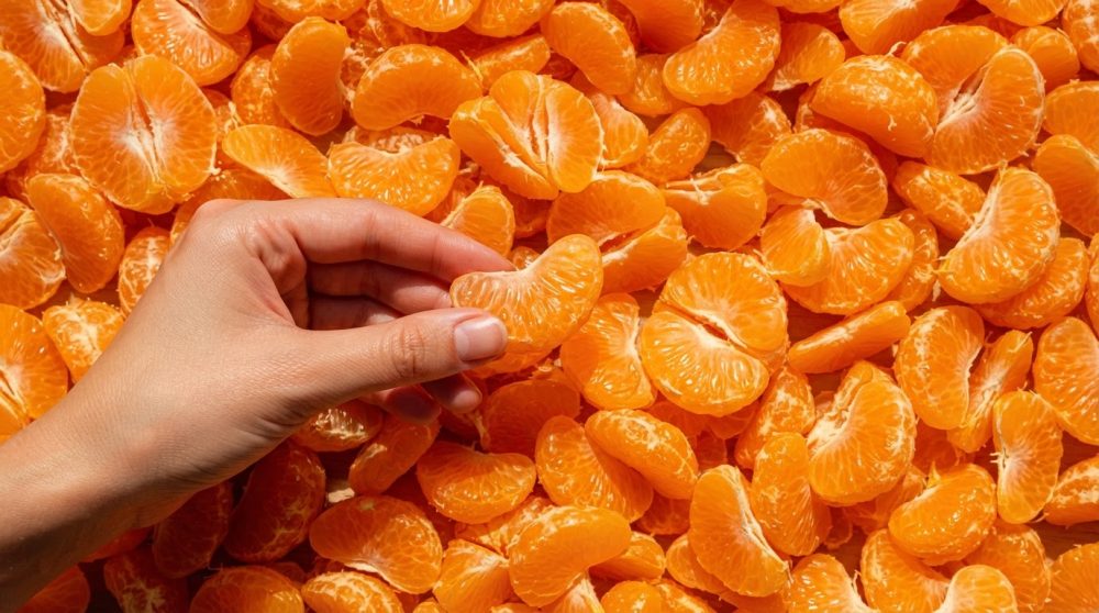 Mão humana a segurar um gomo de tangerina entre vários gomos frescos e laranja