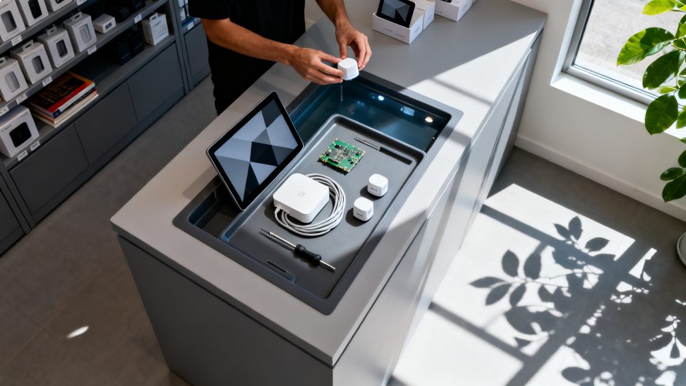 Mesa cinza com ecrã tátil, dispositivos eletrónicos e componentes em ambiente claro e moderno