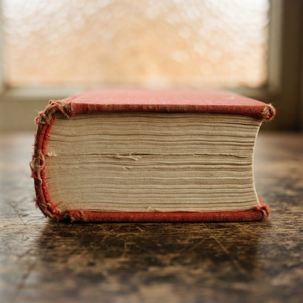 Livro antigo com capa vermelha desgastada deitado de lado sobre mesa de madeira