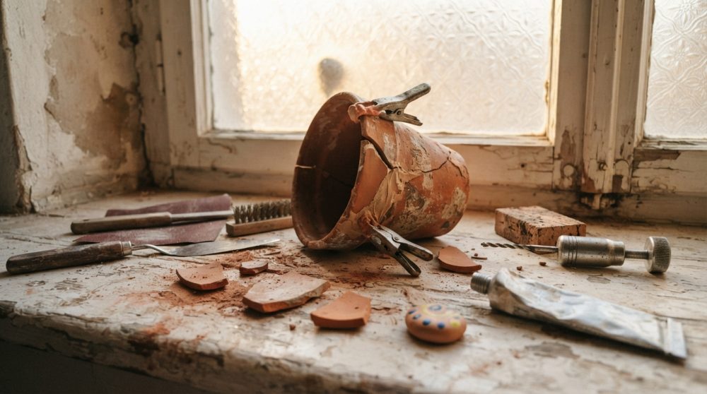 Vaso rachado e ferramentas de bricolage numa janela rústica com cola, pincéis e espátulas