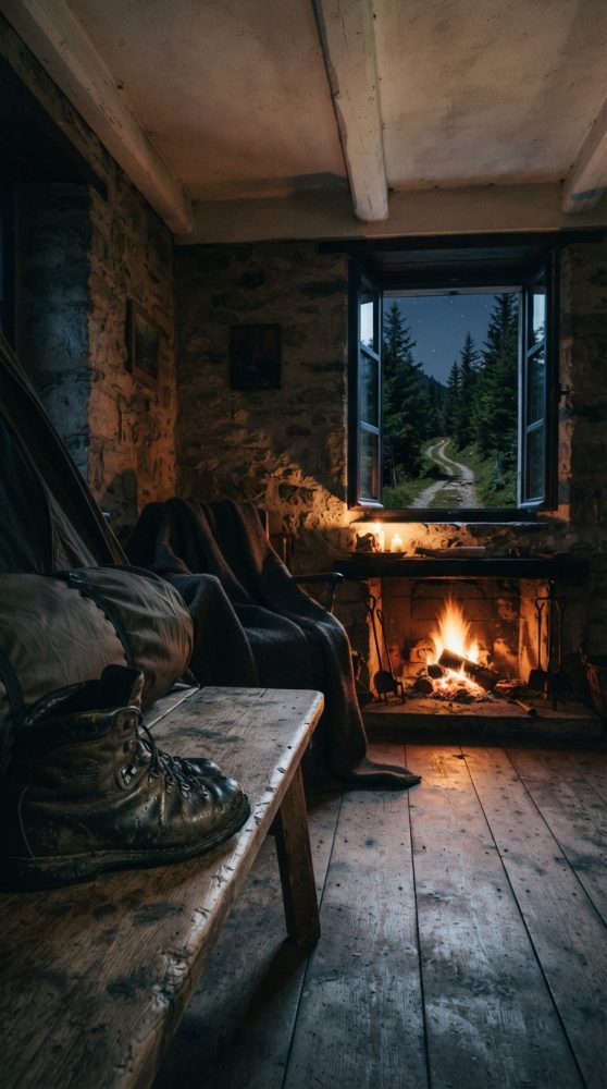 Cabana acolhedora com lareira acesa, botas de caminhada e janela aberta para trilho florestal noturno