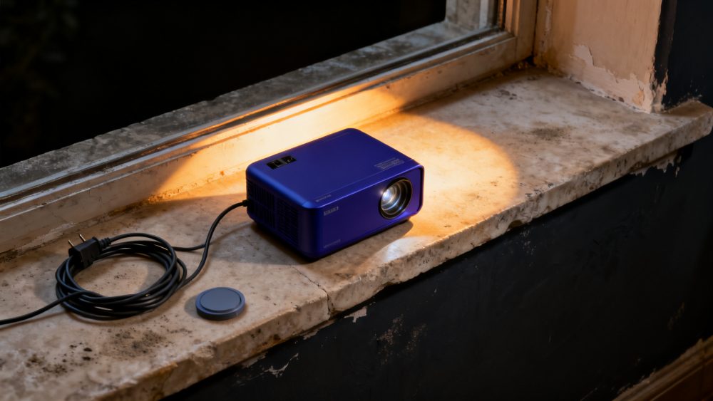 Projetor azul portátil ligado, iluminando parapeito de pedra junto a janela escura