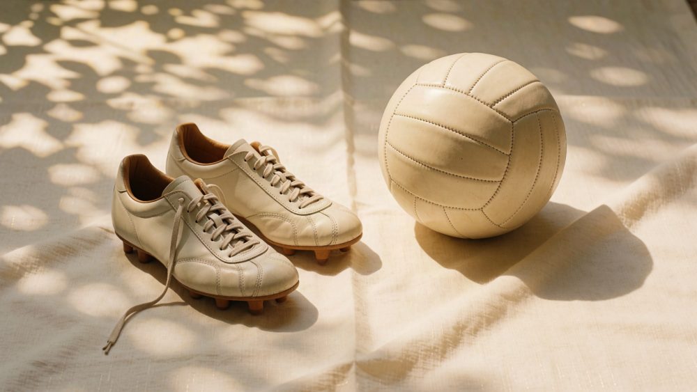Chuteiras vintage creme e bola de futebol em couro sobre tecido com sombras de folhas