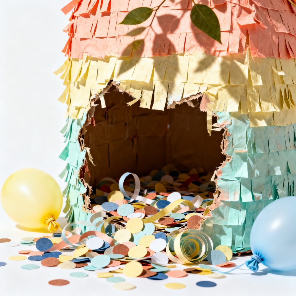 Piñata colorida aberta cheia de confetes com balões amarelo e azul ao redor