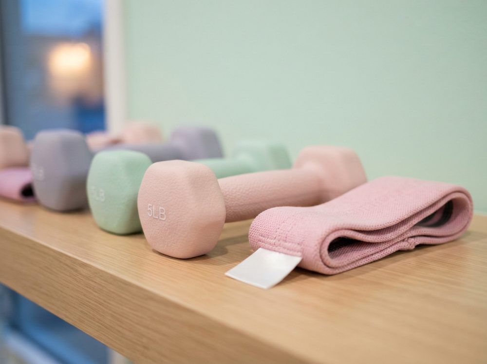Halteres pastel e elásticos de fitness sobre mesa de madeira clara