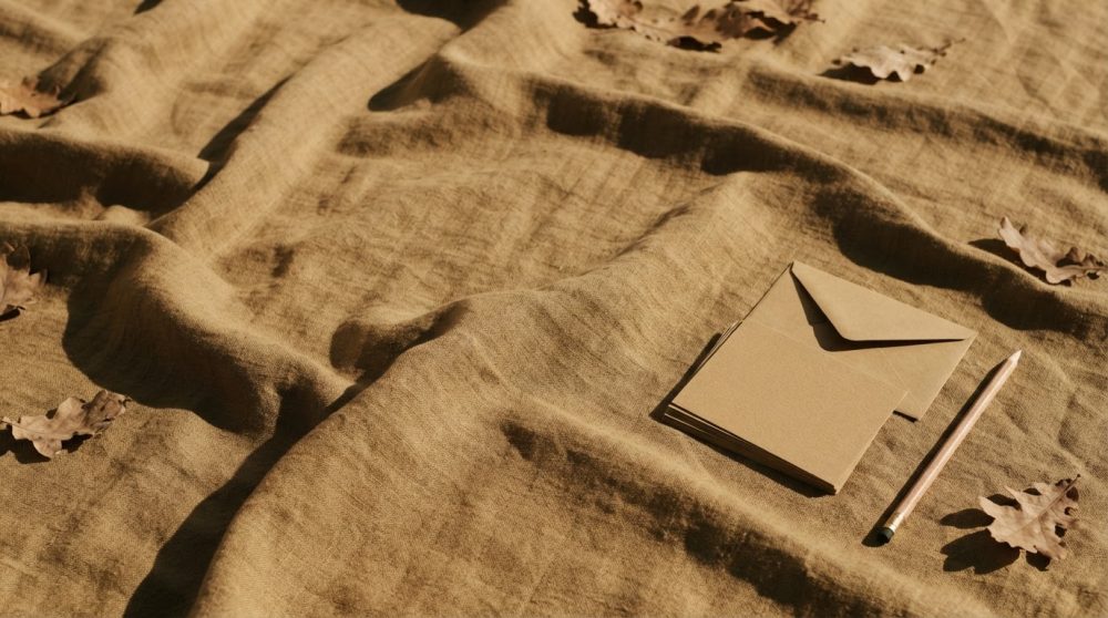 Envelopes castanhos e um lápis sobre tecido bege com folhas secas