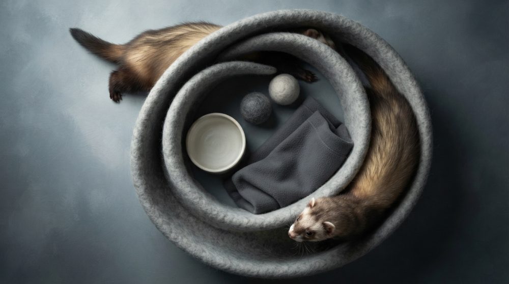 Furão enrolado numa cama cinzenta com bolas de lã, cobertor e comedouro sobre fundo cinzento