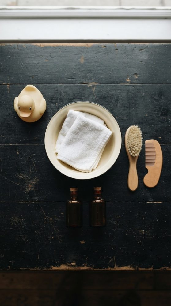 Acessórios de higiene para bebé com pato de borracha, toalha branca, escova e pente de madeira sobre mesa escura