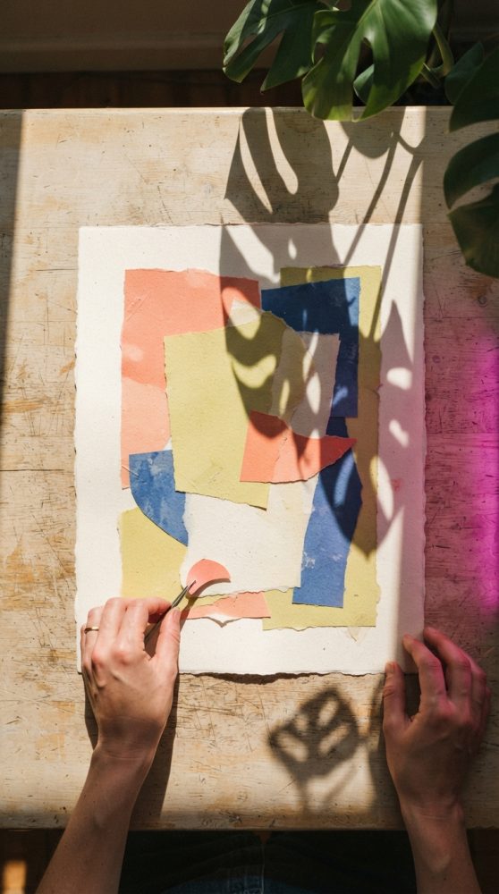 Colagem abstrata colorida com sombras naturais de folhas e mãos a trabalhar no papel
