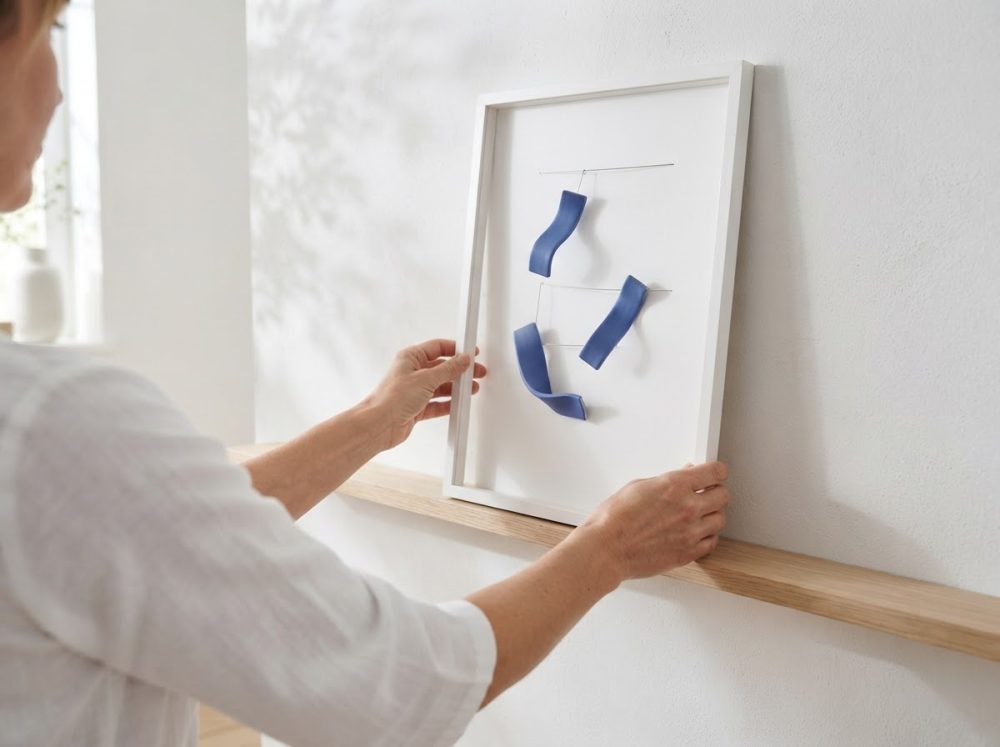Pessoa a colocar moldura com escultura abstrata azul numa parede branca