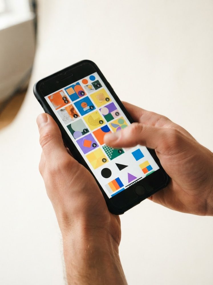 Mãos a segurar smartphone com galeria de imagens digitais coloridas no ecrã