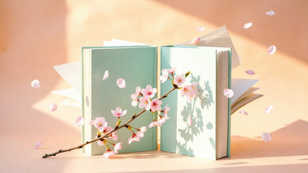 Livro aberto com capa verde clara e ramo florido de cerejeira com pétalas a cair.