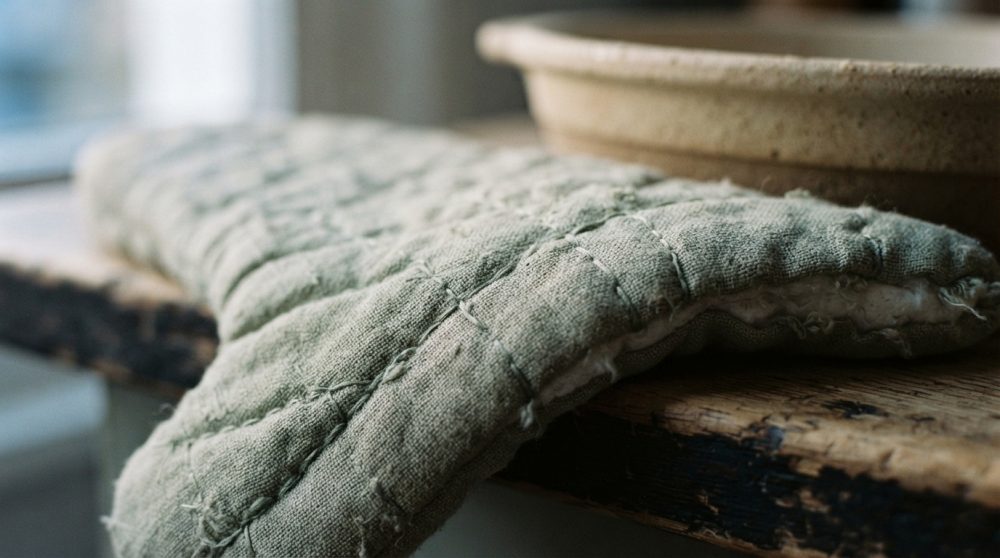 Luvas acolchoadas de tecido verde rústico sobre mesa de madeira desgastada