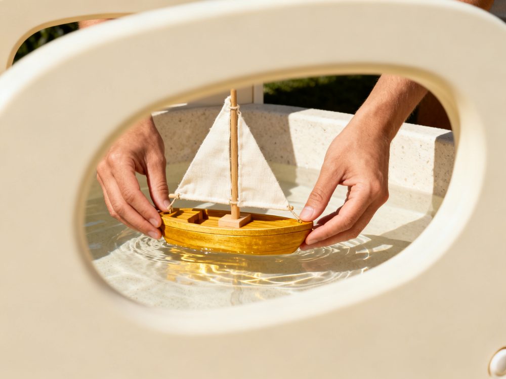 Mãos seguram barco de madeira com vela branca dentro de água clara