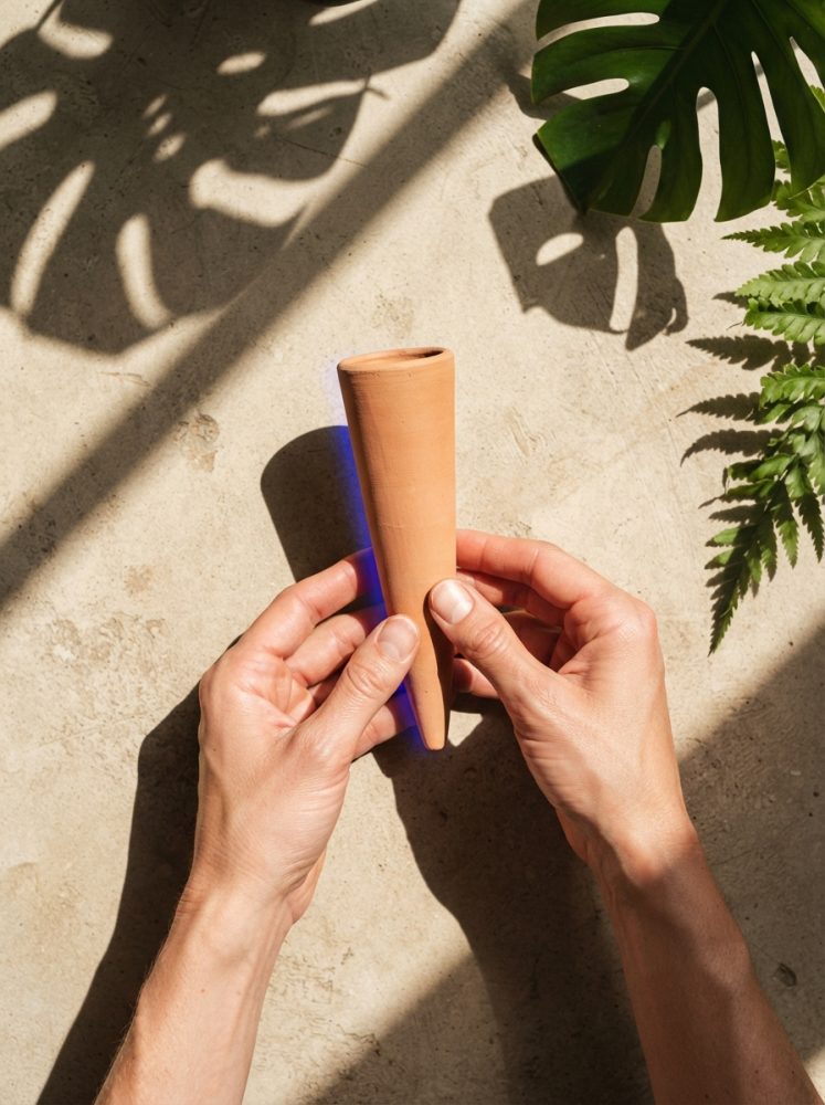 Mãos seguram cone de argila para rega de plantas com sombras de folhas ao fundo