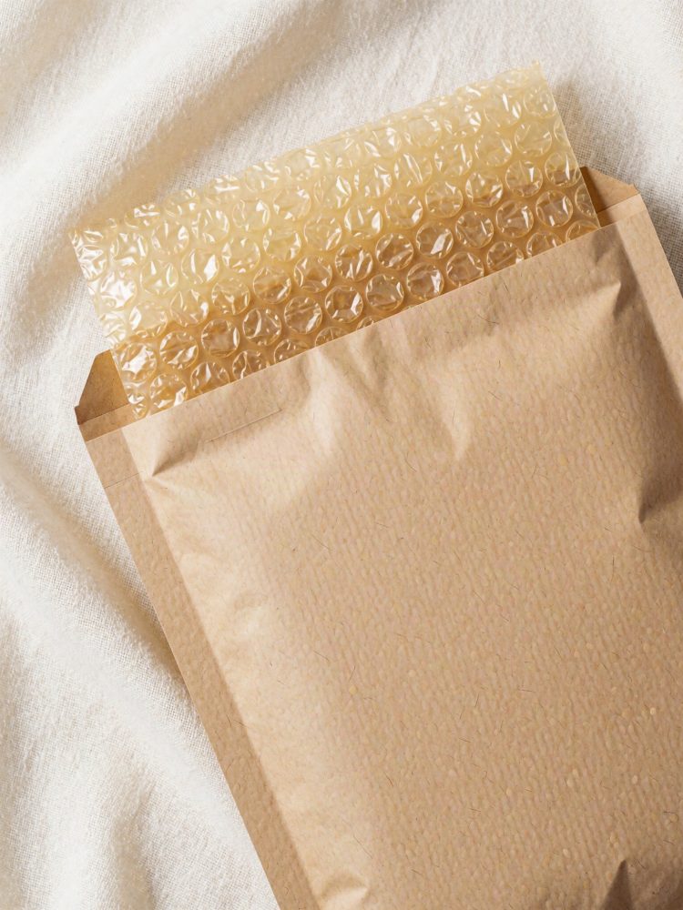 Envelope almofadado em papel kraft com interior de bolha de ar transparente sobre fundo bege