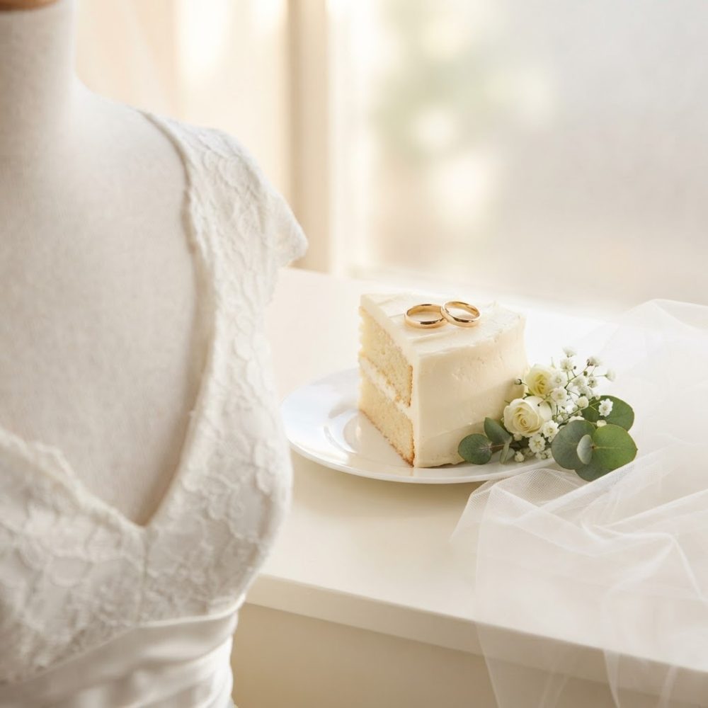 Vestido de noiva branco rendado com fatia de bolo e alianças douradas sobre mesa branca
