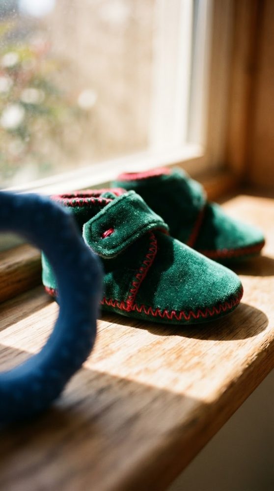 Botas verdes de veludo com costuras vermelhas para bebé junto a janela com luz natural