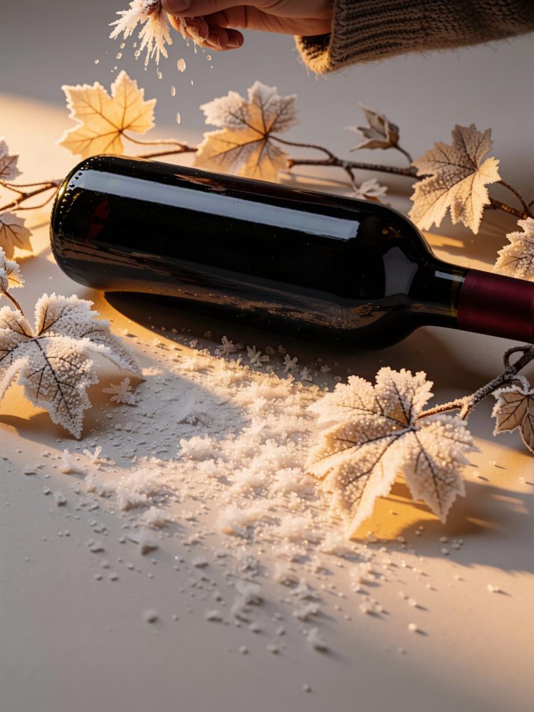 Garrafa de vinho com folhas decorativas e cristais brancos espalhados numa superfície clara