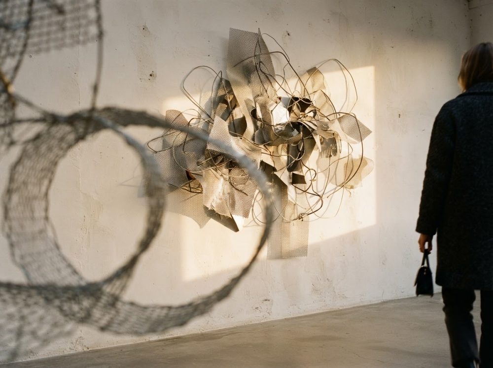 Escultura abstrata em metal pendurada numa parede branca com uma pessoa a olhar