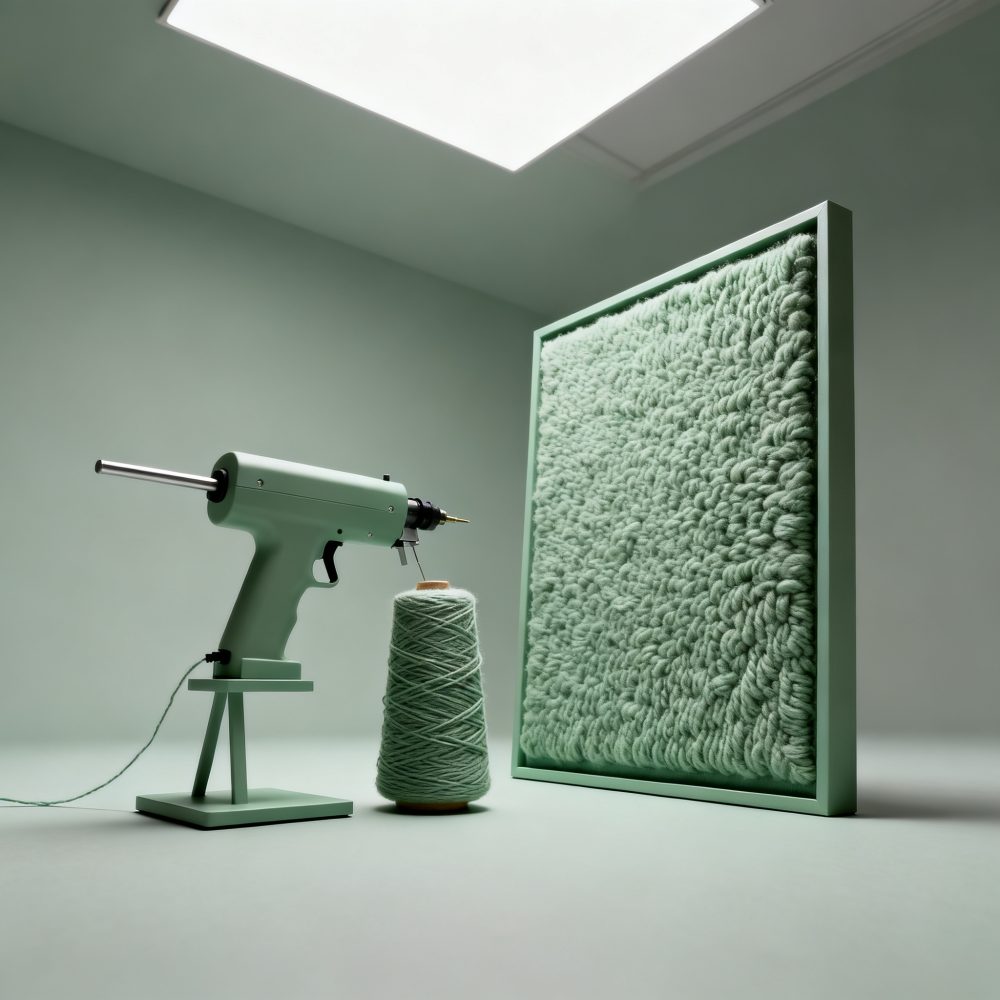 Ferramenta de tapeçaria verde com fio e quadro texturizado no mesmo tom