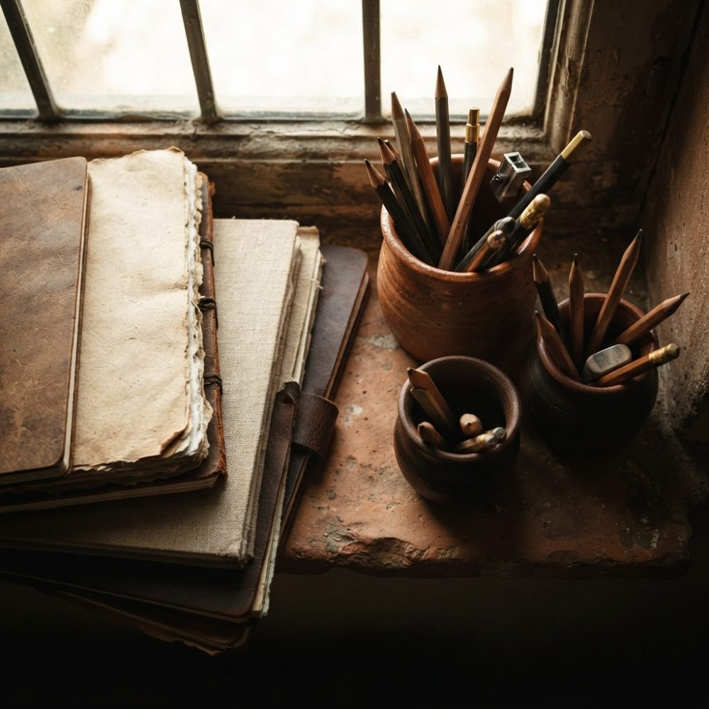 Cadernos antigos e lápis em recipientes de barro numa soleira perto da janela