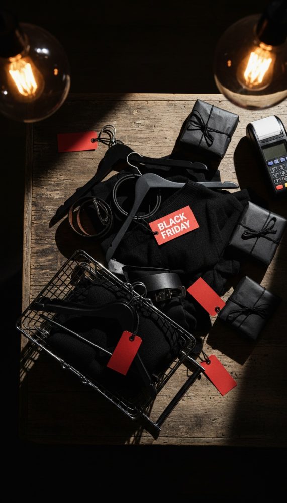 Peças de roupa e acessórios pretos com etiquetas vermelhas de Black Friday sobre mesa de madeira rústica