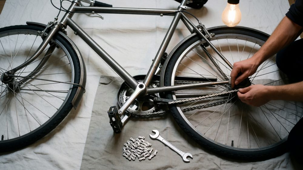 Mãos a reparar corrente de bicicleta cinza com ferramentas sobre tecido branco