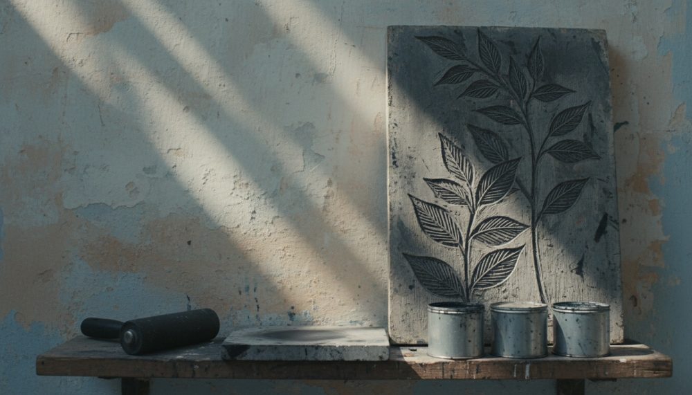 Bloco de pedra com gravura de folhas, tintas metálicas e rolo sobre mesa em estúdio