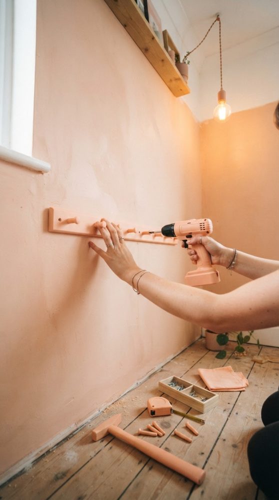 Pessoa a montar cabideiro de madeira salmão na parede com parafusadeira num ambiente de bricolage