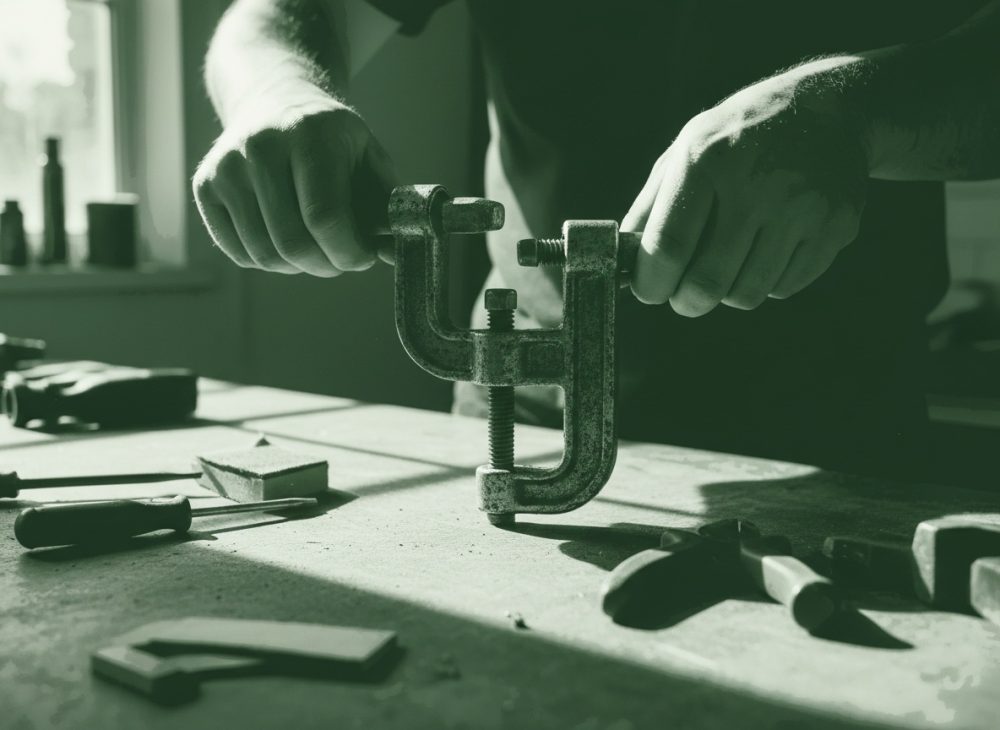 Mãos fechando grampo metálico numa bancada com ferramentas de bricolage
