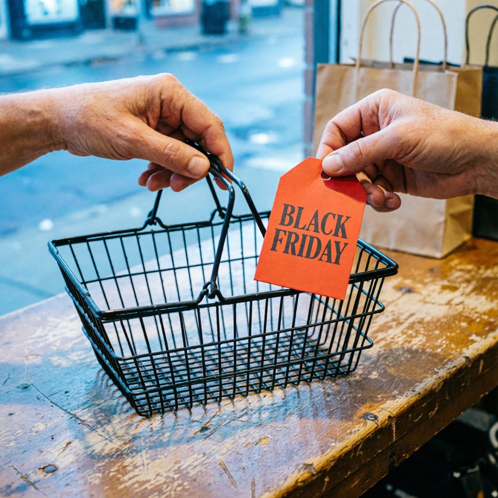 Mãos seguram cesto de compras vazio com etiqueta vermelha Black Friday numa mesa rústica